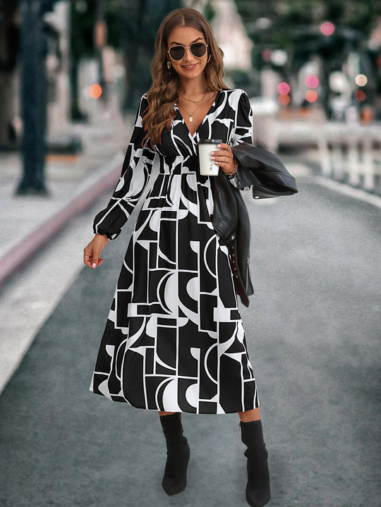 Damen Midikleid mit modernem geometrischen Muster und elastischem Bund EB
