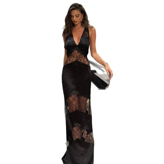 Damen verführerisches Chiffon Spitzenkleid mit tiefem V-Ausschnitt und transparenten Details EB