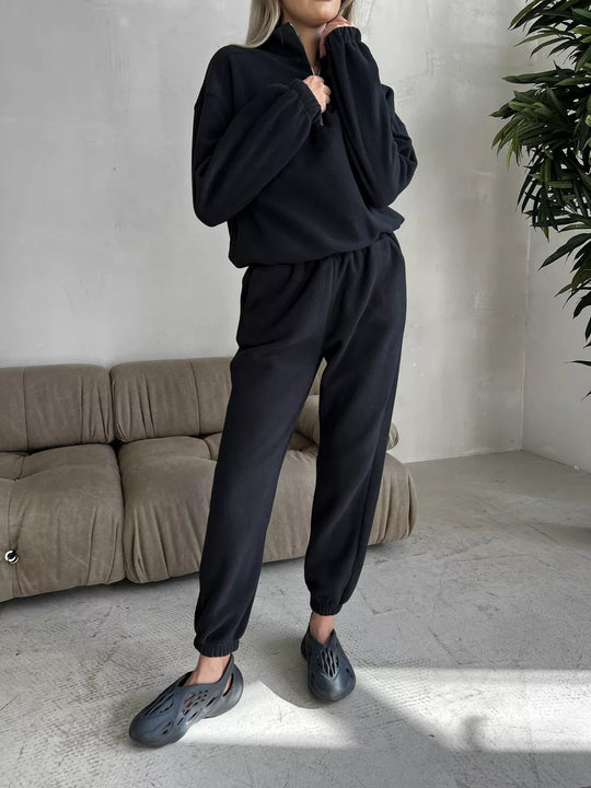Damen lässiges Fleece-Jogginganzug Set mit Stehkragen und halbhohem Reißverschluss EB