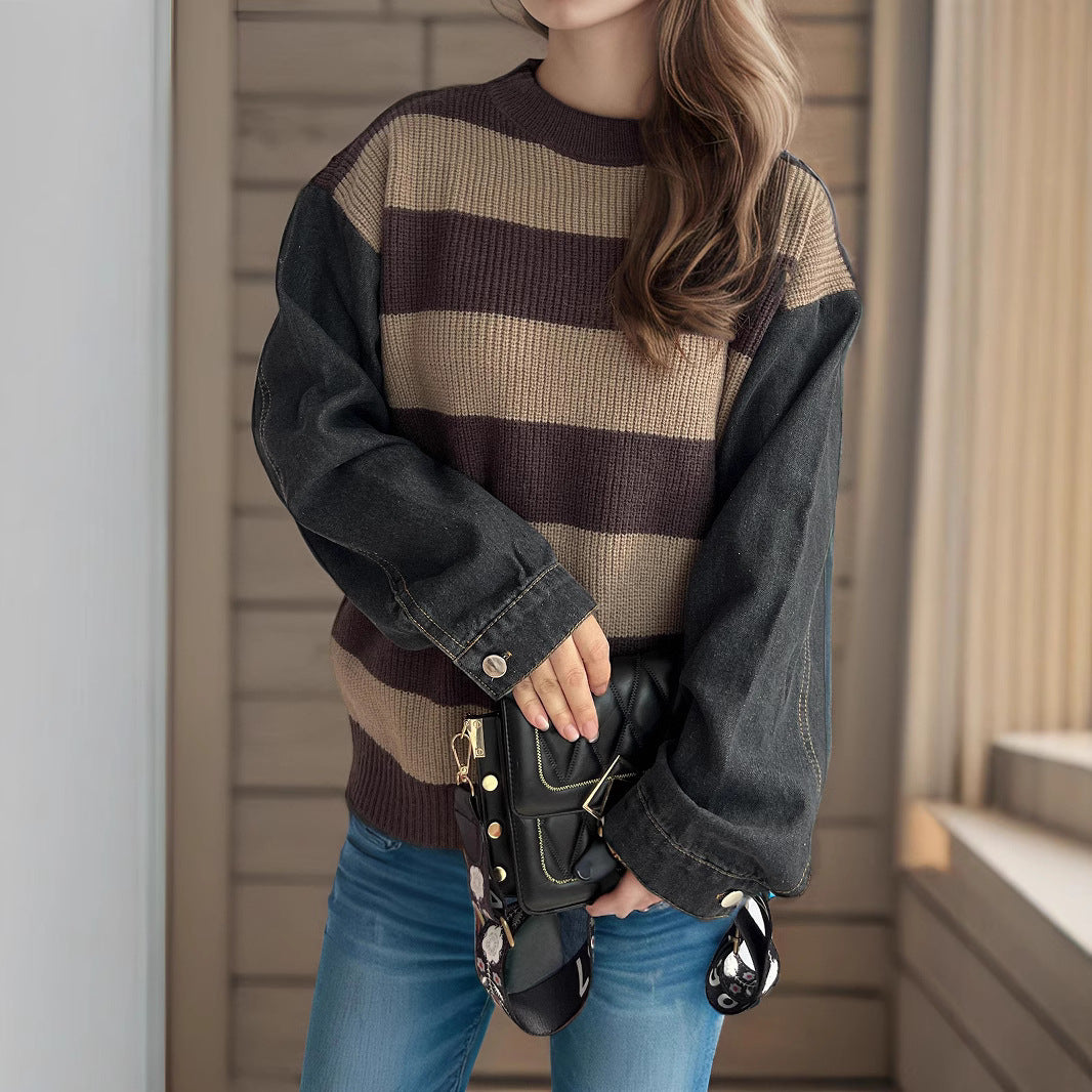 Damen lässiger Strickpullover mit auffälligem Blockstreifenmuster und weiten Ärmeln EB