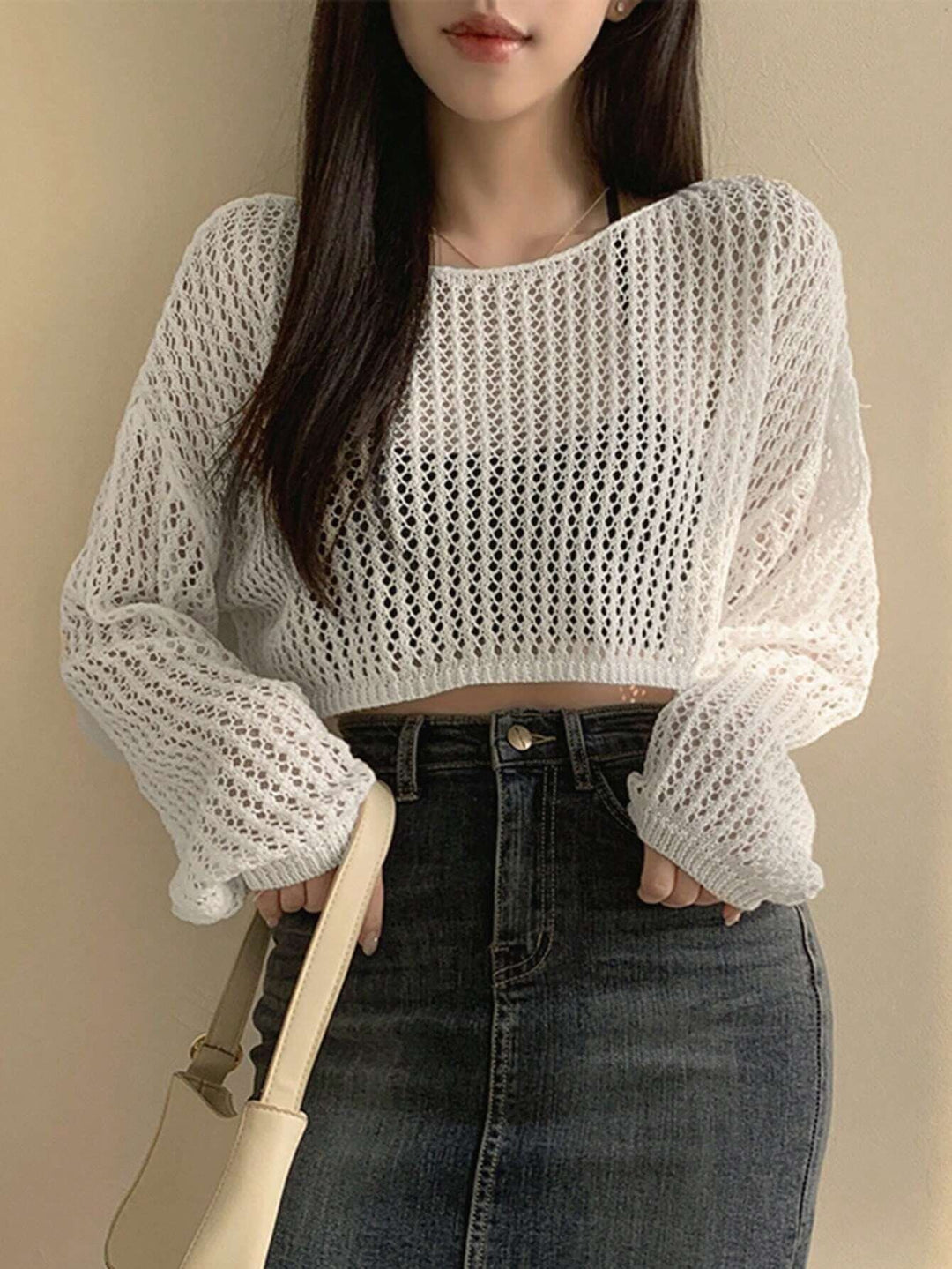 Damen luftiges cropped Strickoberteil im modernen Netzdesign EB
