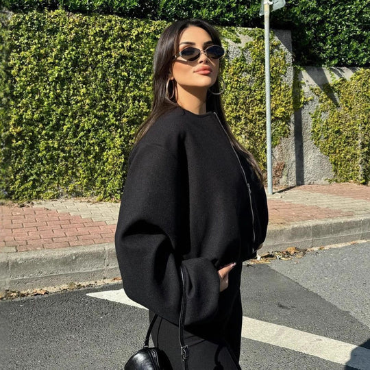 Damen nan kurze Oversize Wollblouson mit Reißverschluss, Ballonärmeln und elastischem Saum EB