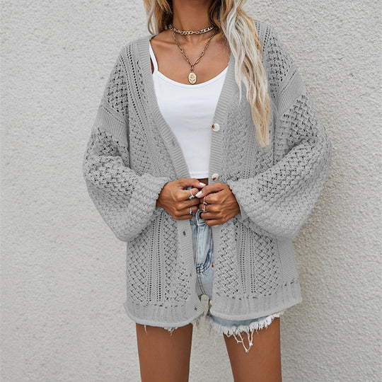 Damen lässiger Strickcardigan mit offenem Muster EB