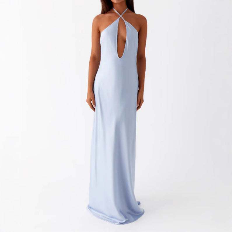 Damen Maxikleid mit tiefem V-Ausschnitt und eleganter Rückenansicht EB
