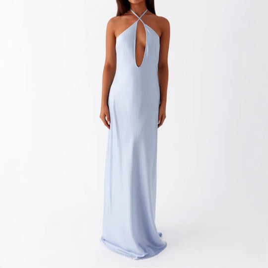 Damen Maxikleid mit tiefem V-Ausschnitt und eleganter Rückenansicht EB