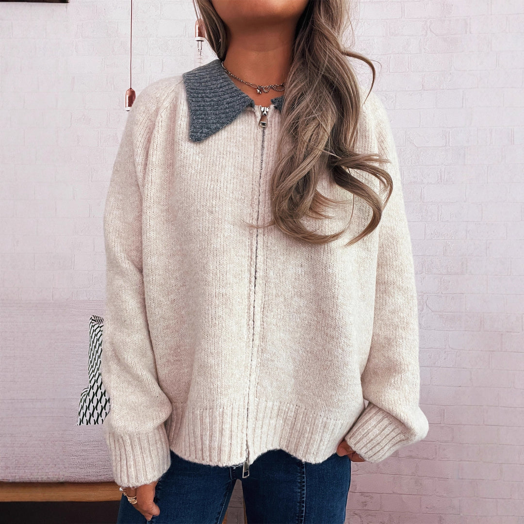 Damen Strickjacke mit modischen Kontrasten und Reißverschluss EB