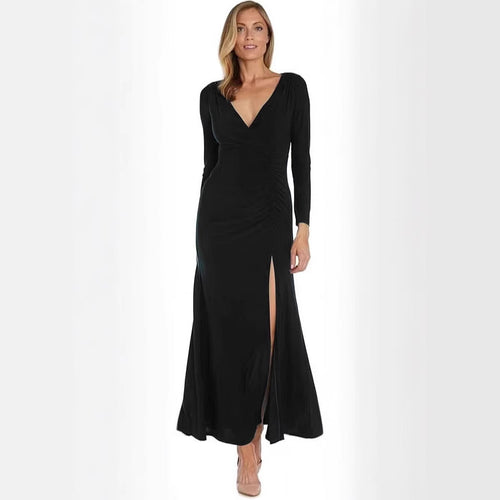 Damen elegantes Maxikleid mit hohem Schlitz und raffiniertem V-Ausschnitt EB