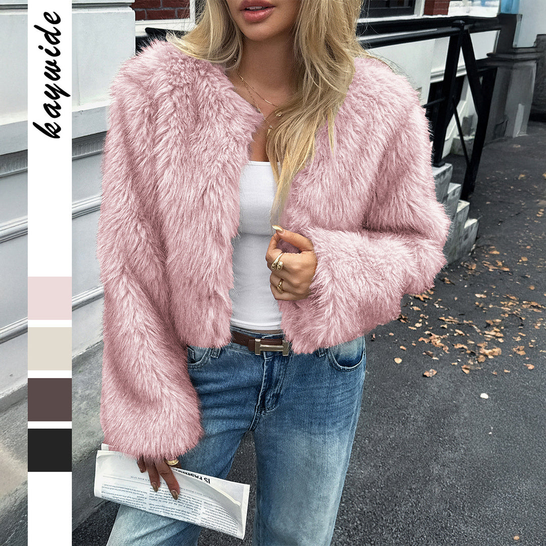 Damen nan kurzes Faux‑Fur Jacke mit voluminösen Ärmeln, offenem Schnitt und kuscheliger Innenfutter EB