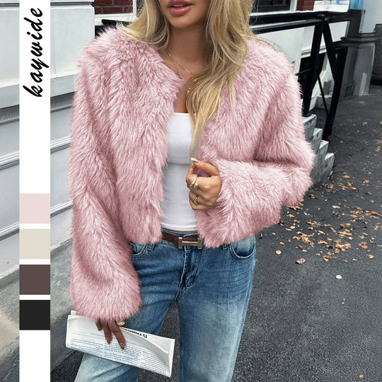 Damen nan kurzes Faux‑Fur Jacke mit voluminösen Ärmeln, offenem Schnitt und kuscheliger Innenfutter EB