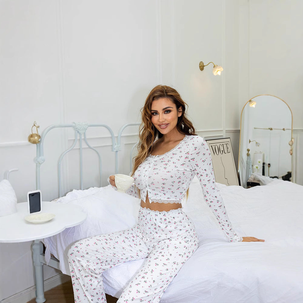 Damen Schlafanzug-Set mit floralem Design und elastischem Bund EB