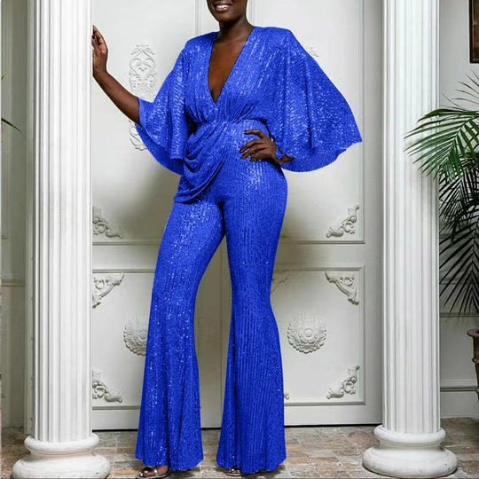 Damen Glamouröser Jumpsuit mit funkelnden Pailletten und weitem Bein EB