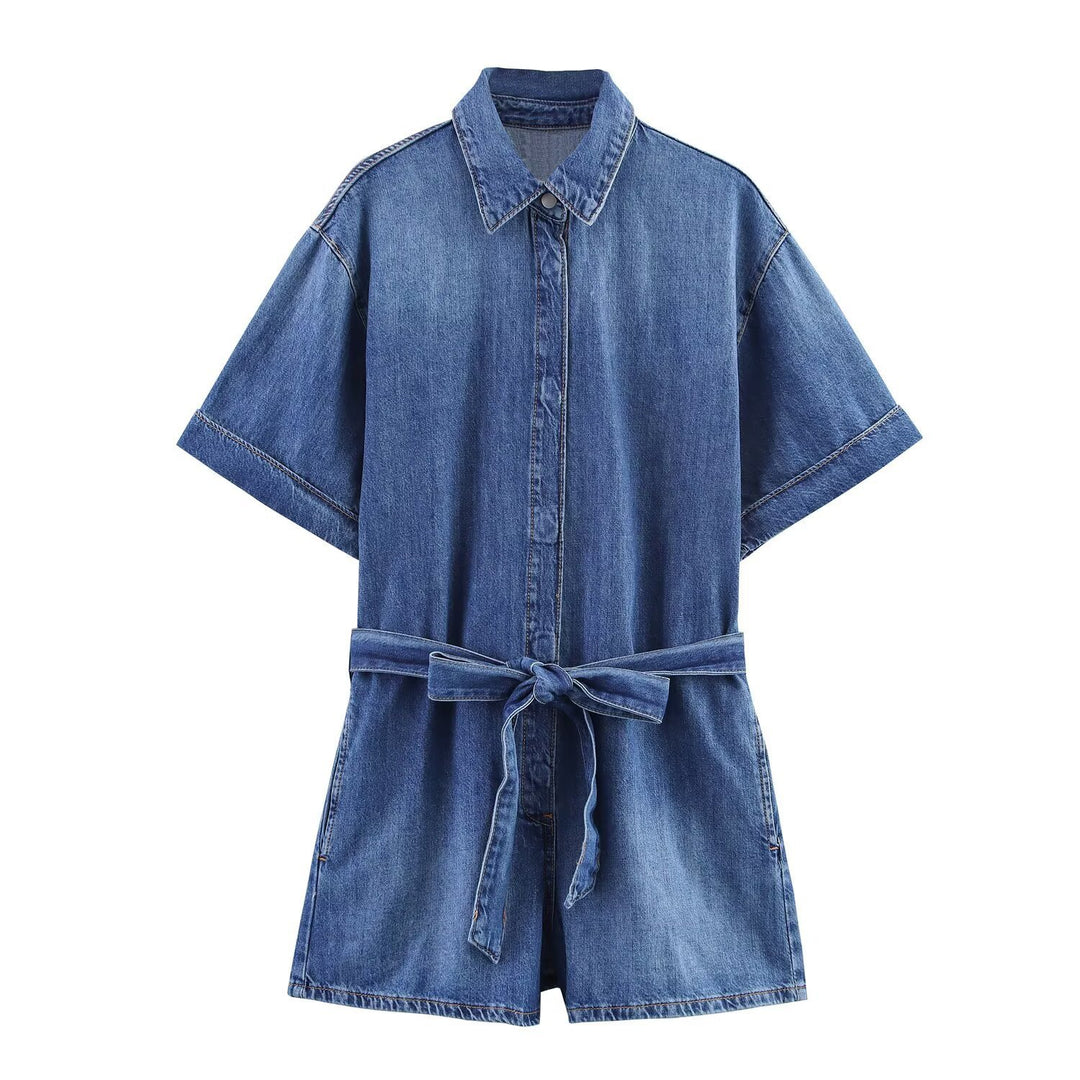 Damen Jeanshemdkleid mit elegantem Gürtel und kurzen Ärmeln EB