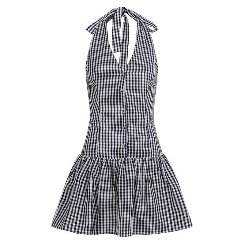 Damen V-Ausschnitt Kleid mit schwingendem Saum und Knopfdetails EB