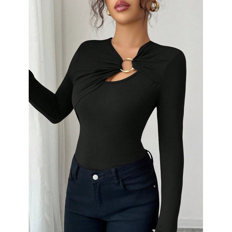 Damen Bodysuit mit dekorativem Ring-Detail und langem Arm EB