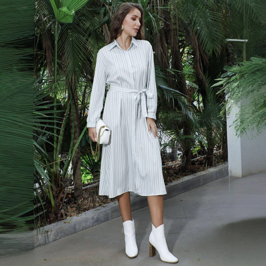 Damen Hemdkleid mit gestreiftem Design und Taillengürtel EB