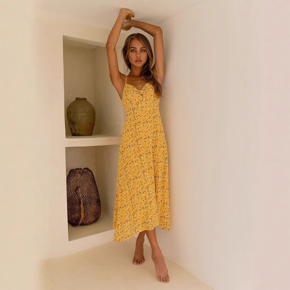 Damen Sommerkleid mit feinem Blumenmuster und verspielten Trägern EB