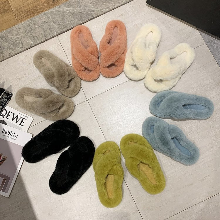 Damen Flauschige Hausschlappen mit gewendeten Riemen und ergonomischem Fußbett EB