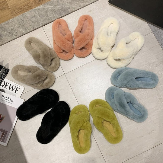 Damen Flauschige Hausschlappen mit gewendeten Riemen und ergonomischem Fußbett EB