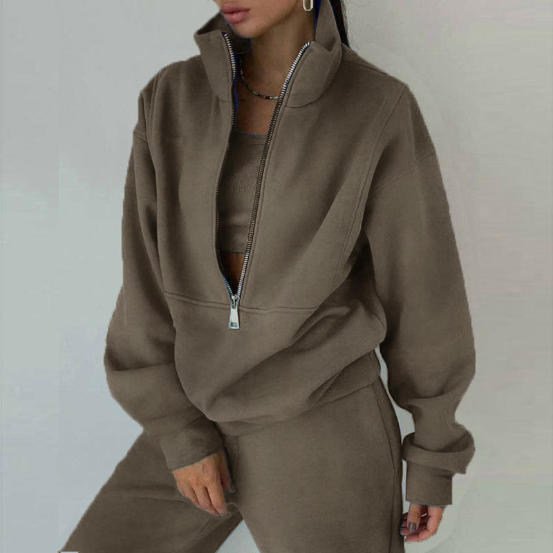 Damen nan kurzes Halbzip-Sweatshirt-und-Jogginghose-Set mit Stehkragen, oversized Schnitt und weichem French-Terry EB