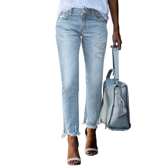 Damen Vintage Slim-Fit Jeans mit fransigem Saum und modischen Rissen EB
