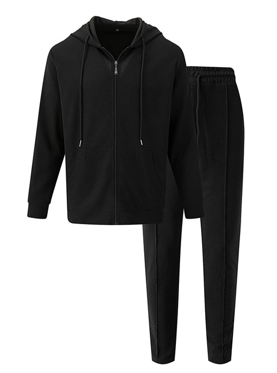 Herren nan Waffelstruktur-Jogginganzug mit Kapuzen-Zipjacke und konisch geschnittener Jogginghose EB