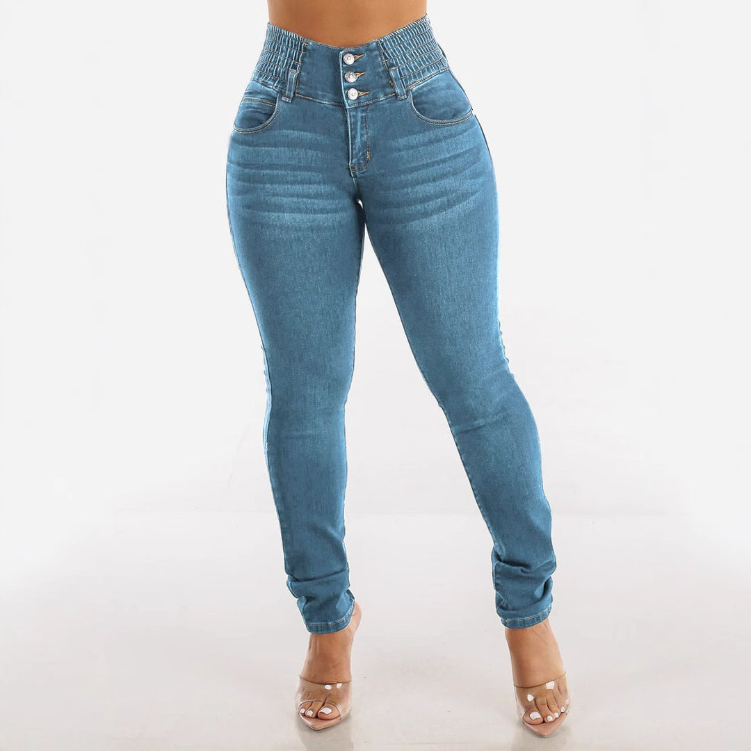 Damen Hochtaillierte Jeans mit elastischem Bund und Knopfdetails EB