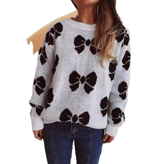 Damen lässiger Pullover mit verspieltem Schleifenmuster EB