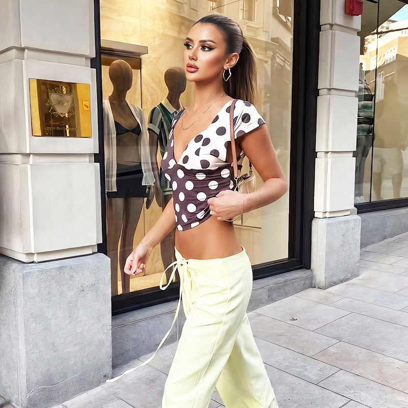 Damen Modisches Polka-Dots Oberteil mit tiefem V-Ausschnitt EB