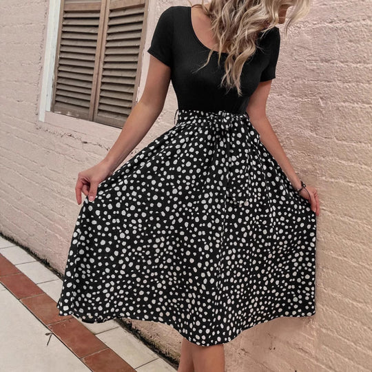 Damen Polka-Dots Kleid mit weitem Rock und Taillengürtel EB