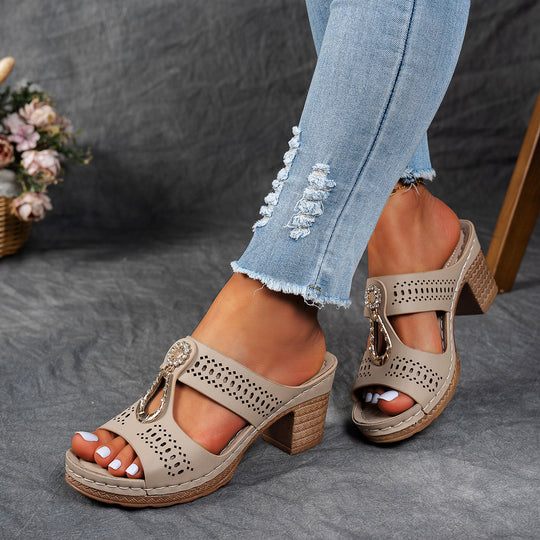 Damen modische Pantolette mit dekorativem Strassverschluss und komfortablem Blockabsatz EB