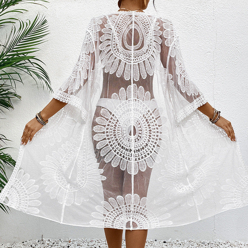 Damen transparente Häkel-Strandüberwurfjacke mit eleganten Motiven EB