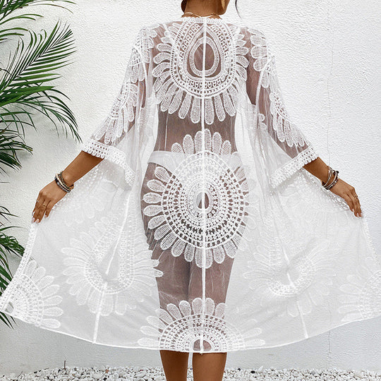 Damen transparente Häkel-Strandüberwurfjacke mit eleganten Motiven EB