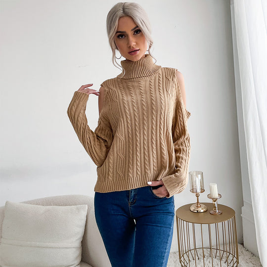 Damen Rollkragenpullover mit Zopfmuster und Schulter-Cutouts EB