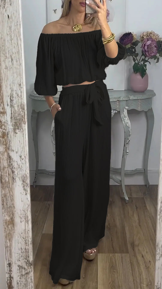Damen Off-Shoulder Set mit weitem Hosen und taillierbarem Oberteil EB