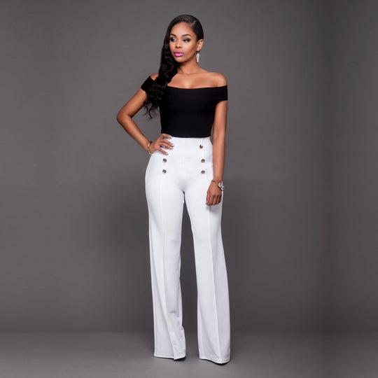 Damen hochtaillierte Palazzo-Hose mit dekorativen Knopfdetails EB