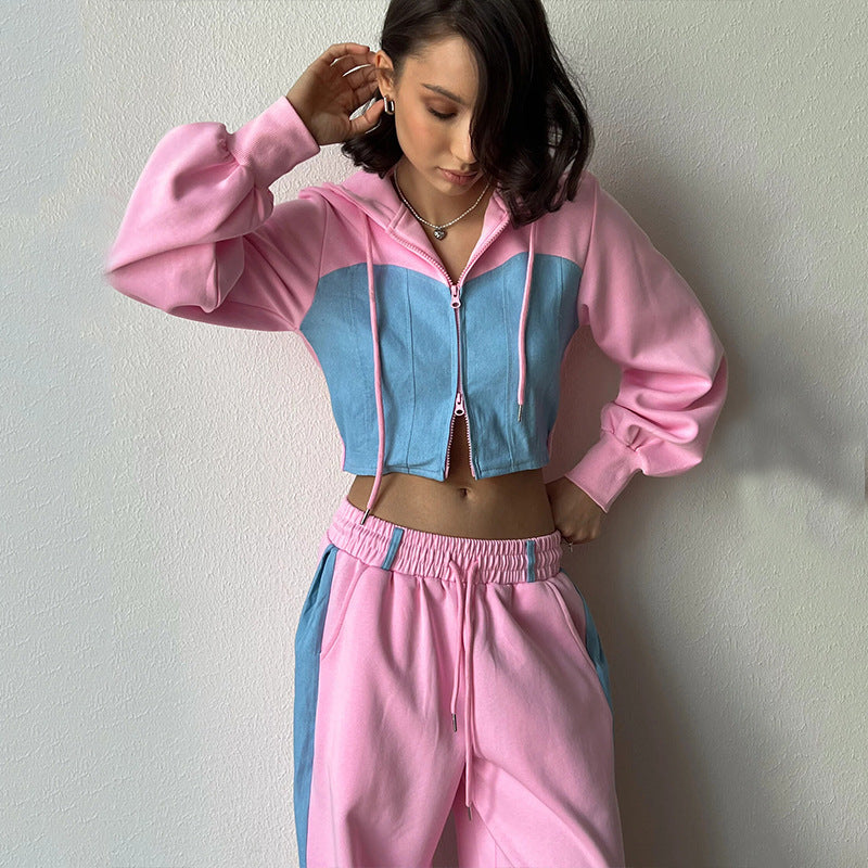 Damen nan zweiteiliges Cropped-Hoodie-Set mit Reißverschluss, elastischem Komfortbund und weitem Seitenstreifen-Hose EB