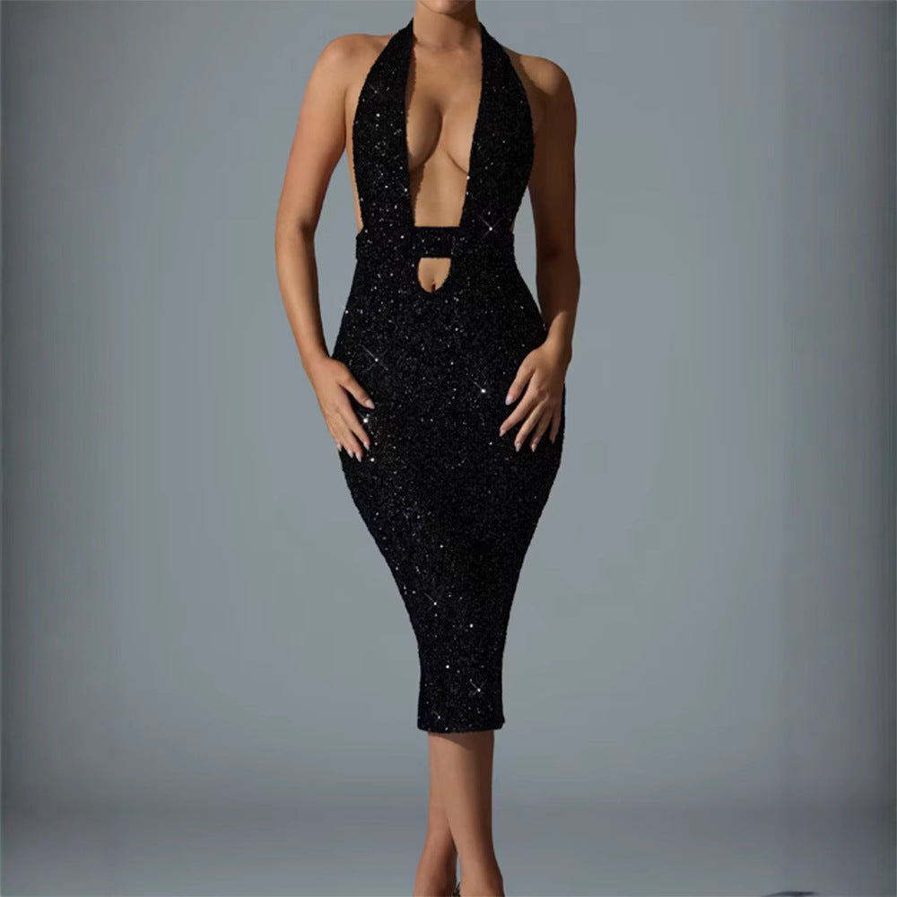Damen Glamouröses Pailletten-Midi-Kleid mit tiefem V-Ausschnitt und figurbetonter Silhouette EB