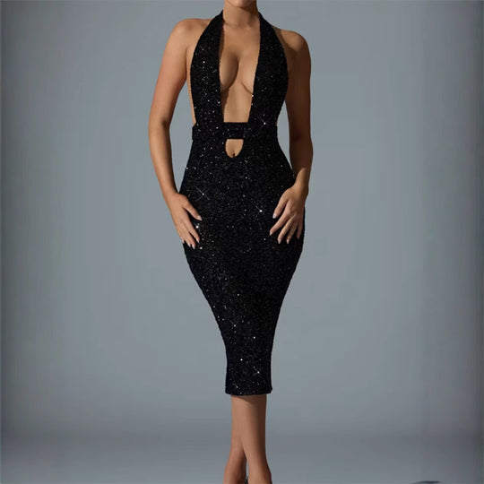 Damen Glamouröses Pailletten-Midi-Kleid mit tiefem V-Ausschnitt und figurbetonter Silhouette EB