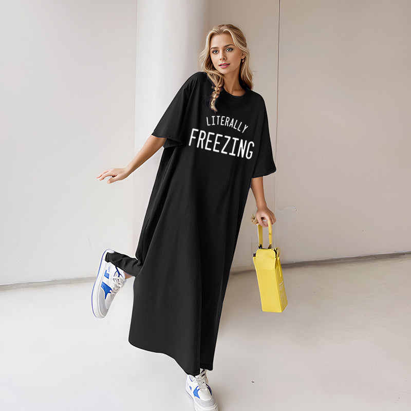 Damen nan lässiges Oversize Maxi-T-Shirt-Kleid mit Rundhals und Statement-Print EB