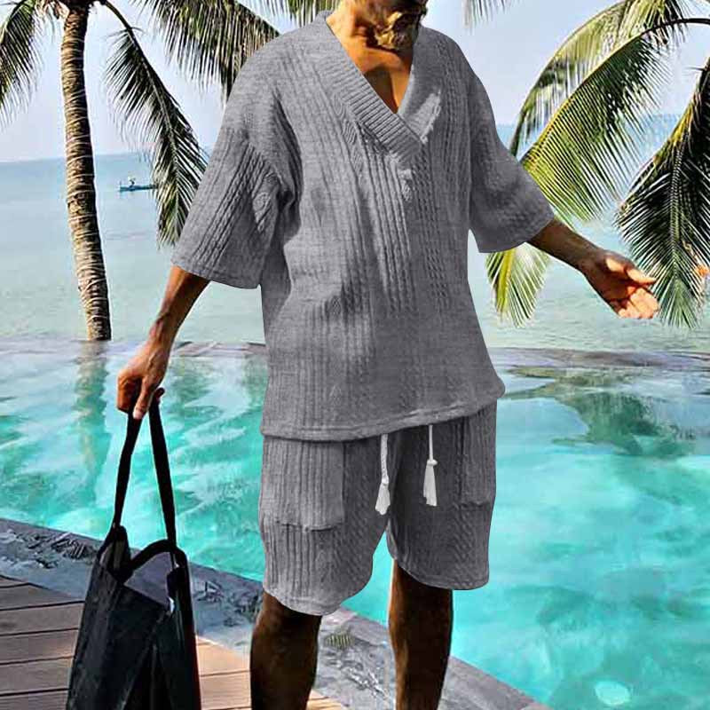 Herren nan lässiges Strick-Set mit V-Ausschnitt, Kurzarm-Oversize und Kordelshorts EB