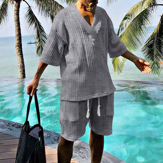Herren nan lässiges Strick-Set mit V-Ausschnitt, Kurzarm-Oversize und Kordelshorts EB