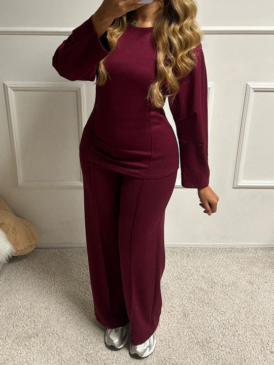 Damen nan weiches Lounge-Set mit tailliertem Sweatshirt, formgebenden Nahtdetails und weitem Palazzohosen-Bein EB