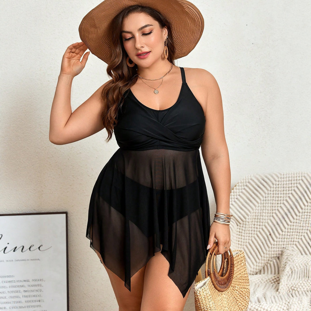 Damen Badeanzug mit transparentem Rock und raffinierter Kellerfalte EB