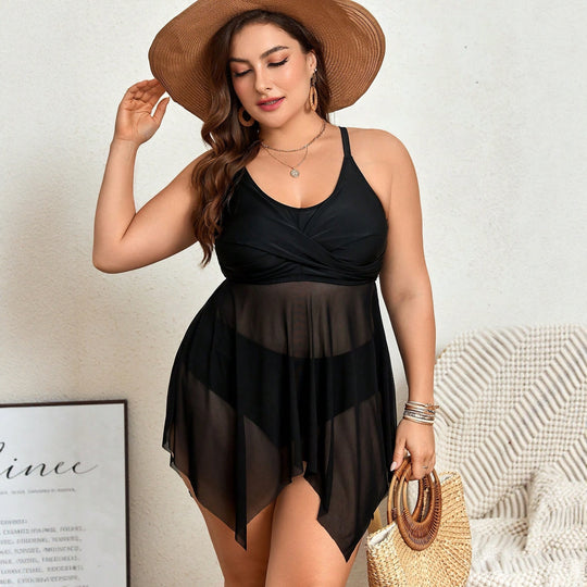Damen Badeanzug mit transparentem Rock und raffinierter Kellerfalte EB