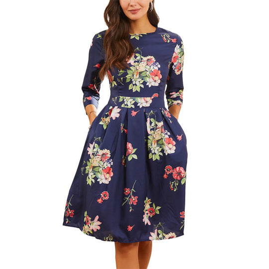 Damen Midi-Kleid mit floralem Design und praktischen Taschen EB