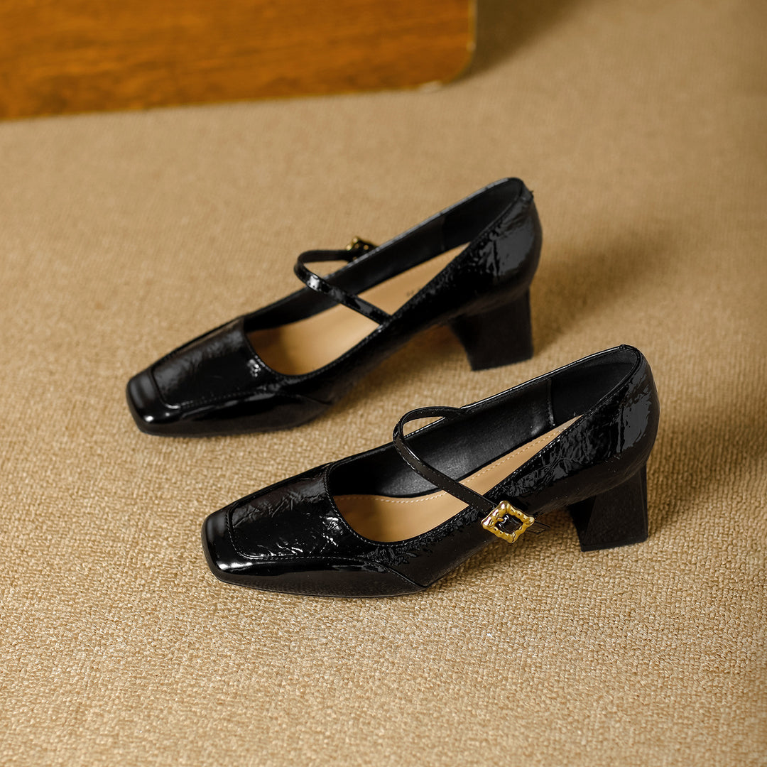 Damen elegante Mary Jane Pumps mit quadratischer Schuhspitze und modischem Riemen EB
