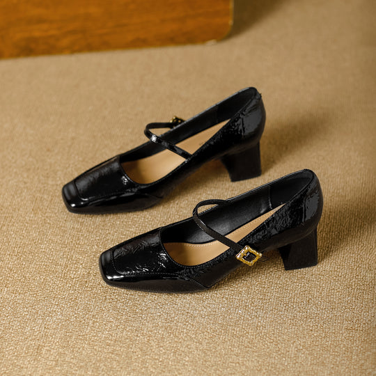 Damen elegante Mary Jane Pumps mit quadratischer Schuhspitze und modischem Riemen EB