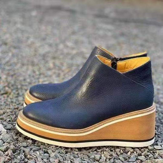 Damen Keil-Ankle-Boots mit Plateau-Blocksohle aus Leder und seitlichem Reißverschluss EB