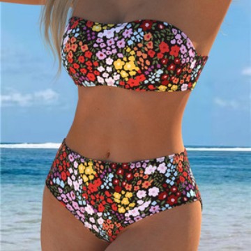 Damen Bikini-Set mit strapazierfähigem Bandeau-Oberteil und hoch geschnittenen Badeshorts EB