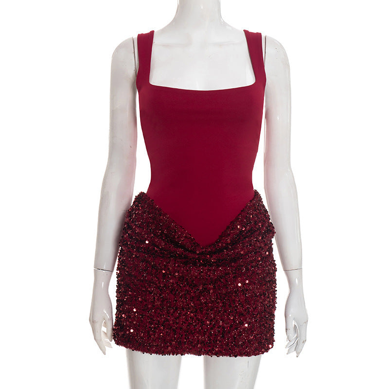 Damen elegantes Paillettenkleid mit tiefem V-Ausschnitt und figurschmeichelndem Design EB